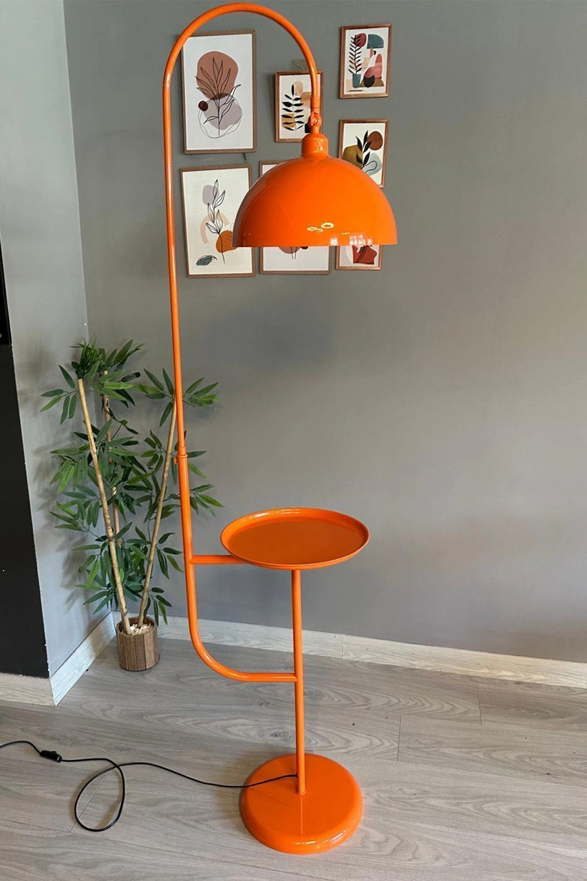 Dimmerli Işığı Ayarlanabilen Işığı Artırılıp Azaltılabilen Turuncu Tepsili Hareketli Başlık Metal Lambader Turuncu