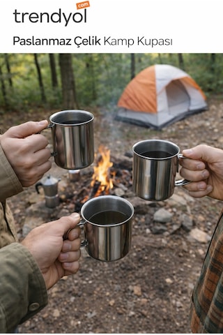 3 Adet Metal Kupa Bardak Piknik Kamp Bardağı Kupası 9 Cm 300 Ml Gümüş