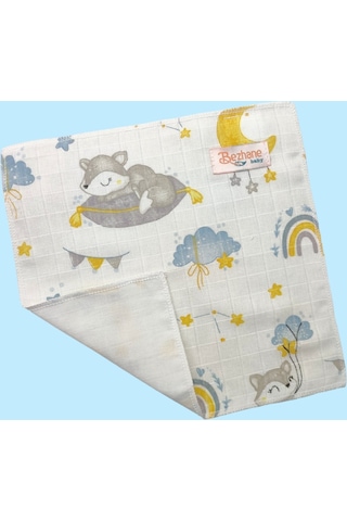 Pamuk Muslin Kumaş Bebek Ağız Mendili Bulut Ay Desen 25x25cm Çok Renkli