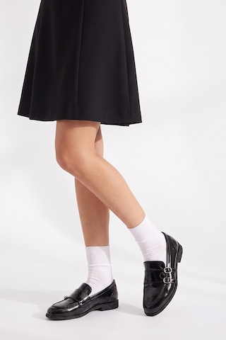 Luvi Shoes Daly Siyah Kırışık Rugan Hakiki Deri Tokalı Kadın Loafer Ayakkabı