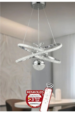 Kumandalı 3 Renk Işıklı Krom Kasa Modern Sarkıt Led Avize Krom Parlak Krom
