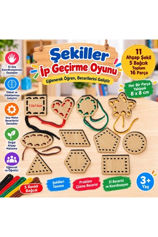 Eğitici Ahşap Şekiller Ip Geçirme Montessori El Kası Geliştirme