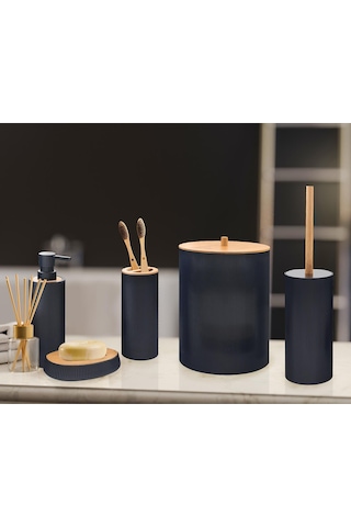 The Mia Stripe Bambu Kapaklı Banyo Seti 5 Parça Siyah
