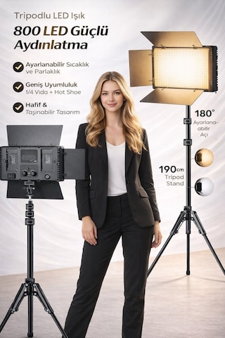 800 Led Profesyonel Video Işığı Tripodlu Ayarlanabilir Parlaklık & 3200k-5600k Renk Sıcaklığı Fotoğraf, Yayıncı, Vlog Işığı