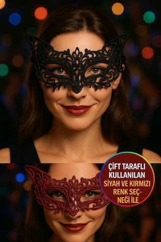 Çift Taraflı Dantelli Siyah Kırmızı Maske Kadın Parti Aksesuarı Şık Ve Zarif Tasarım Model - 10