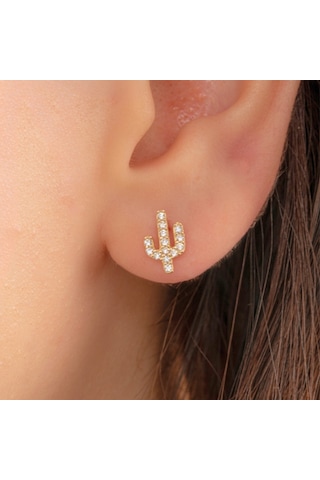 Altın Küpe - 14 Ayar Altın Minimal Taşlı Kaktüs Figürlü Küpe Sarı