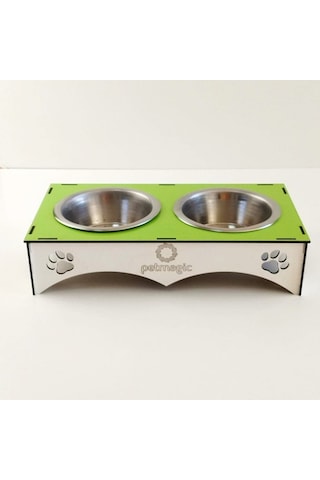 Petmagic 2'li Mama Kabı İkili Ahşap - Çelik Kap Yeşil Beyaz