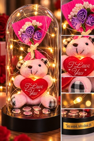 Sevgiliye Hediye Seni Sevmek Nefes Almak Gibi Peluş Ayıcıklı Led Işıklı Fanus Ve Gül Buketi 20 Cm