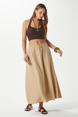 Kadın Seaside Vizon Astarlı Bel Lastikli Cepli Dokuma Uzun Etek Vizon