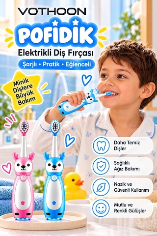 Pofidik Çocuklar İçin Şarjlı Elektrikli Diş Fırçası 3 Modlu Titreşimli Şarjlı Yedek Başlık Hediyeli