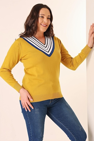 Şeritli V Yaka Büyük Beden Triko Kazak-35348-hardal Hardal
