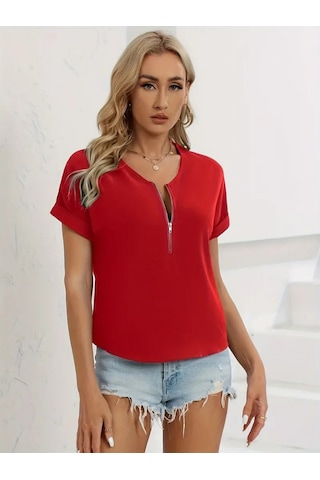 Ahes Shopping Kadın Kısa Kollu V Yaka Fermuarlı Salaş Sandy Bluz Kırmızı