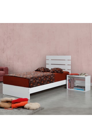 Pasifichome Huga Tek Kişilik Beyaz Ahşap Karyola Komodin Takım 100X200 Cm