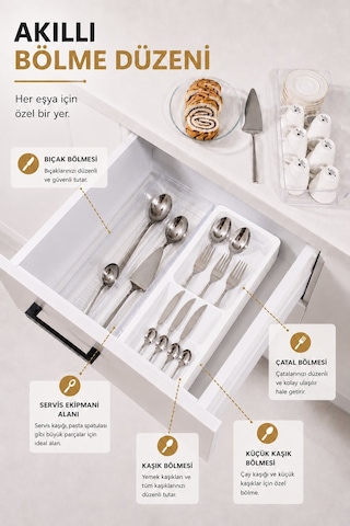 Çekmece İçi Kaşıklık Organizer Bölmeli Mutfak Düzenleyici Beyaz S-11030