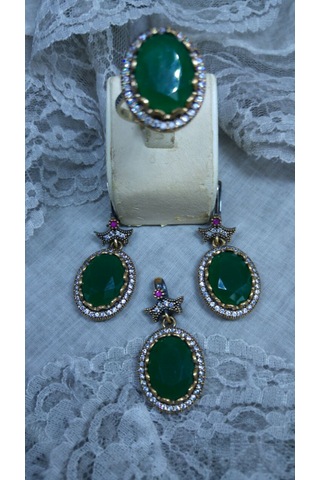 Otantik Zirkon Yeşil Taşlı Oval Set Bronz