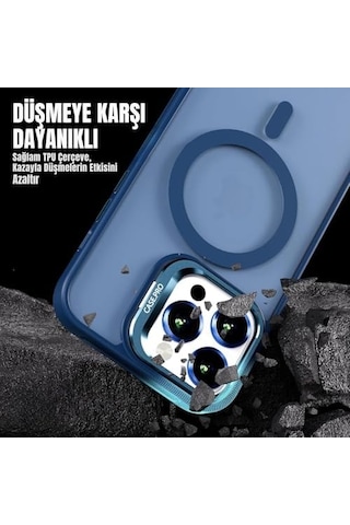 Madnova Apple iPhone Uyumlu 13 İçin Kılıf Kamera Korumalı Magsafe Wireless Şarj Özellikli Lens li Mat Şeffaf Renkli Standlı Kılıf Lacivert