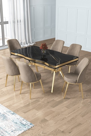 Canisa Prah Serisi 90x160 Lak Panel Sonata Desen Gold Ayak Masa Takımı 6 Cappucino Sandalye Sonata Masa Cappucino Sandalye Ayaklar Gold