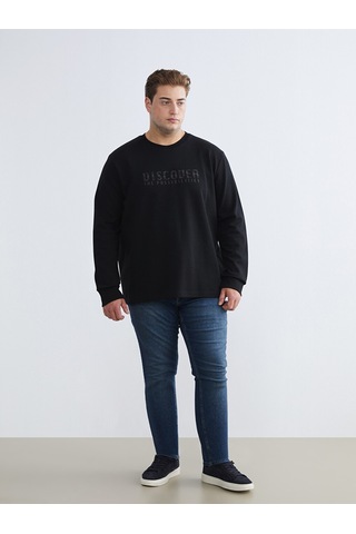 Lcwaıkıkı Classic Siyah Büyük Beden Bisiklet Yaka Baskılı Erkek Sweatshirt