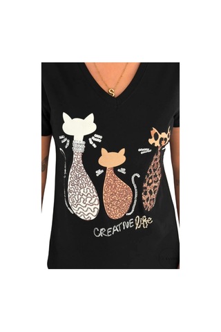Cassime Kadın Siyah V Yaka 3 Kedi Pul Payet İşlemeli %100 Pamuk Büyük Beden Tişört Xl-2xl-3xl