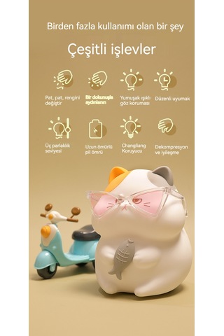 Yaratıcı Açgözlü Kedi Görseli Başucu Gece Lambası 035-1 Beyaz