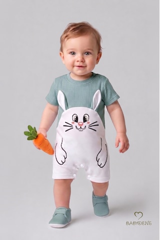 Babyden's Tavşan Baskılı Şortlu Erkek Bebek Tulum %100 Pamuk Yazlık Kısa Kollu Çıtçıtlı Yenidoğan Bebek Tulumu 0-9 Ay Açık Haki