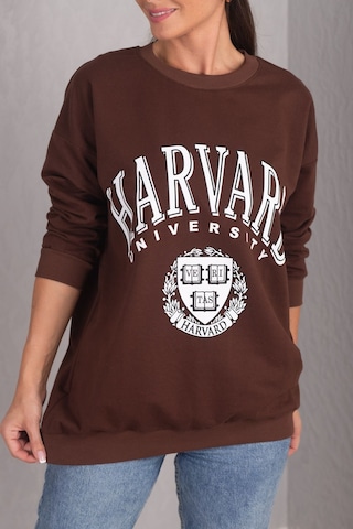 Armonika Kadın Kahve Önü Yazılı Yuvarlak Yaka Oversize Uzun Kol Sweatshirt Arm-24k024005