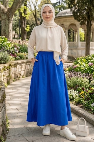 Bestenur Cepli Beli Lastikli Poplin Etek 1727 - Mavi Taba