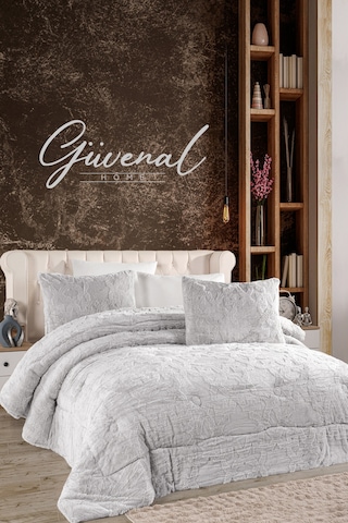 Vome Çantalı Jakarlı Çift Taraflı Wellsoft 230 X 250 Cm Battal Boy Yorgan Seti 1 Yorgan + 2 Yastık Kılıfı Yumuşak Dokulu Kabarık Kışlık Yorgan Çeyizlik Gri