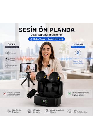 Coofbe Dijital Şarj Göstergeli 2'li 2.4 Ghz Kablosuz Yaka Mikrofonu, Apple Uyumlu iPhone Android Uyumlu, 20 Hz 20 Khz