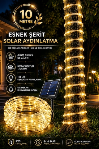 100 Led Solar Şerit Led Aydınlatma 10 Metre Şeffaf Hortum Tasarımlı, Gün Işığı, Ip65 Su Geçirmez Dış Mekan Dekoratif Aydınlatma