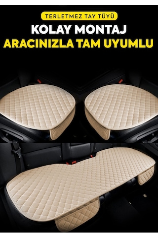 Tay Tüyü Cepli & Terletmez Oto Koltuk Minder Seti - Koltuk Koruma Kılıfı 3'lü Set Bej