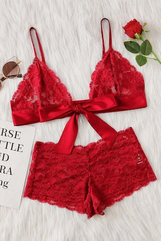 Moda Dua Kadın Kırmızı Dantelli & Kurdelalı Sütyen Külot Takımı