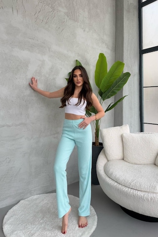 Kadın Su Yeşili Yüksek Bel Fitilli Bol Paça Günlük İnce Eşofman Altı Su Yeşili