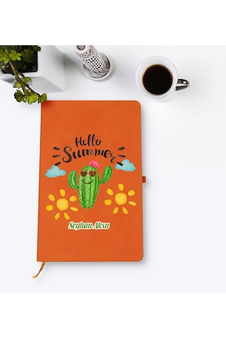 Kişiye Özel Kaktüs Tasarımlı Turuncu Termo Deri Defter Model 8