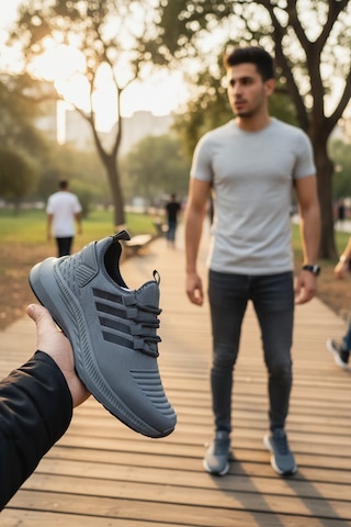 Enoch Ortopedik Ultra Hafif Şeritli Fileli Çoraplı Sneaker Spor Ayakkabı Füme