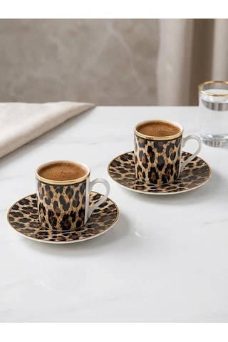 Leopar Desenli Türk Kahvesi Fincan Takımı 2 Kişilik, Altın Detaylı Kahve Fincanı Seti Mavi