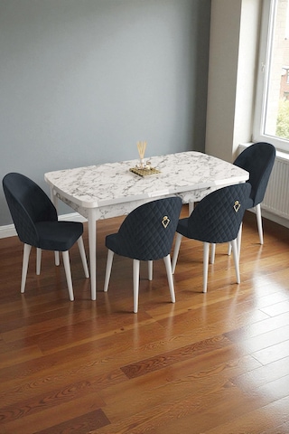 Mura Beyaz Mermer 80x132 Açılabilir Mdf Masa Yemek Odası Takımı, Mutfak Takımı 4 Adet Sandalye Antrasit
