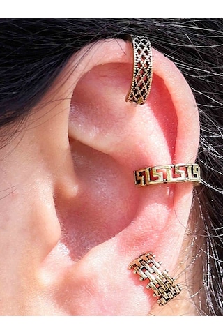 3'lü Antik Model Deliksiz Earcuff Kıkırdak Küpe Seti Eukk3 Sarı