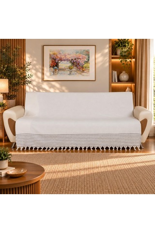 Buldan İşi Pamuk Dokuma Koltuk Çekyat Örtüsü Takımı 3+3+1+1 Kolları Örtmeyen Model - 170x210 Cm - Kreme Gri Diğer