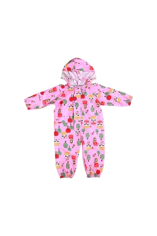 Siamese Desenli İnce Kesit Kapşonlu Çocuk Yağmurluk Pembe