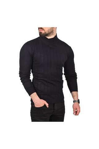 Deepsea Erkek Lacivert Çizgi Desenli Tüylenme Yapmayan Yarım Balıkçı Yaka Triko Kazak 2505501 Lacivert