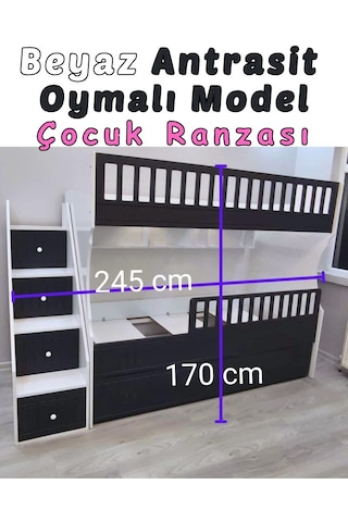 Beyaz Antrasit Oymalı Model Çocuk Ranzası