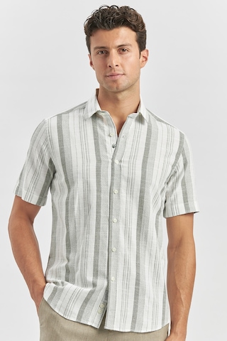 İmza Koyu Haki Kısa Kollu Çizgili Armürlü Pamuklu Casual Slim Fit Dar Kesim Gömlek 1004240243 Koyu Haki