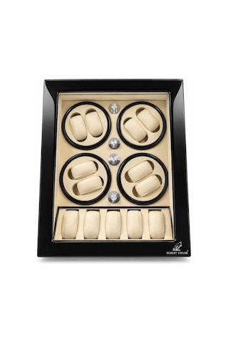 Watch Winder Brooklands Collection 8 Slotlu Ultra Sessiz Otomatik Saat Kurma Kutusu +5 Muhafaza Alanlı, Piano Siyah & Alcantara Krem