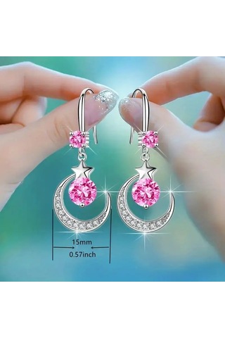 Parlak Taşlı Ay Ve Yıldız Temalı Sallanan Küpe Gümüş