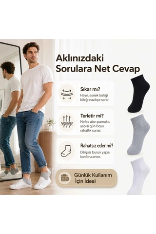 Çorap Giyim Erkek Kısa Konç Çorap 12 Li Paket, %80 Pamuklu, Dikişsiz Burun, Nefes Alan Yumuşak Bilek Çorabı, Siyah Gri Beyaz Çok Renkli