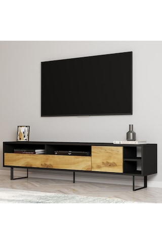 Luga Kapaklı Tv Ünitesi, Tv Sehpası - Metal Siyah Ayak - Gri/traverten - Siyah/kilim Siyah/kilim