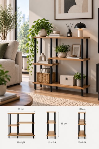Modern 4 Raflı Kitaplık Salon Düzenleyici Metal Ayaklı Dekoratif Kitaplık Ve Çok Amaçlı Raf Ünitesi Çam