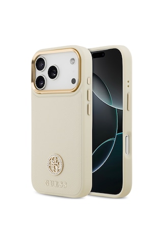 Apple Uyumlu iPhone 17 Pro Kılıf Guess Lisanslı M-safe Özellikli Grained Yazı Ve Taşlı 4g Logolu Kapak Bej Bej
