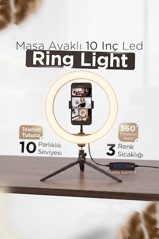 Ensiga Masa Ayaklı 10 Inç Led Ring Lıght Influencer Youtuber Tiktok Telefon Tutucu Makyaj Işığı
